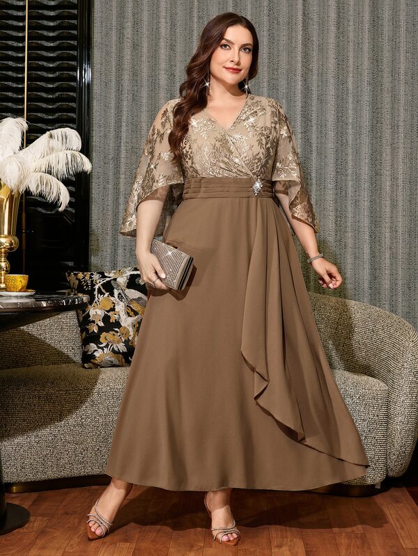 Reflora Plus Size Elegant Party Embroidered Mesh Patchwork Dress
