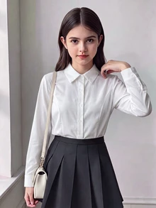 SHEIN 返校季青少年女孩百搭白色襯衫，可作為內搭或外穿，休閒日常時尚，適合畢業季與正式場合，青少年女孩 - 白色 - 查看 3
