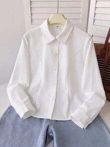 SHEIN 返校季青少年女孩百搭白色襯衫，可作為內搭或外穿，休閒日常時尚，適合畢業季與正式場合，青少年女孩 - 白色 - 查看 7