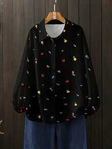 Linhara Spring & Autumn New Ditsy Floral Print Casual Commuter Vacation Plus Size Shirt Fall - Black - View 1