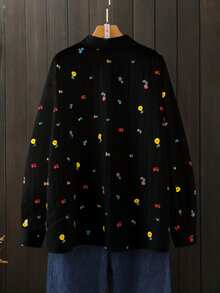 Linhara Spring & Autumn New Ditsy Floral Print Casual Commuter Vacation Plus Size Shirt Fall - Black - View 2