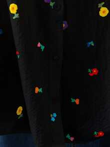Linhara Spring & Autumn New Ditsy Floral Print Casual Commuter Vacation Plus Size Shirt Fall - Black - View 5