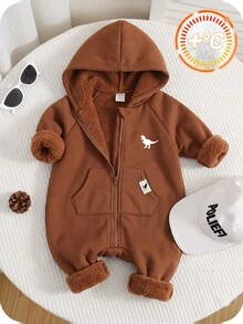 SHEIN 男嬰灰色冬季保暖內裡連帽秋季連身衣，可愛恐龍印花運動套裝，舒適休閒約會穿搭，適合聖誕節與新年 - 棕色 - 查看 4