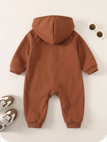 SHEIN 男嬰灰色冬季保暖內裡連帽秋季連身衣，可愛恐龍印花運動套裝，舒適休閒約會穿搭，適合聖誕節與新年 - 棕色 - 查看 2