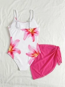 SHEIN 女童碎花吊带连体泳衣，带罩衫和裙子 - 玫紅色 - 查看 3
