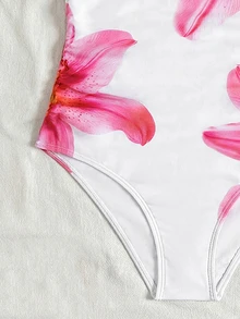 SHEIN 女童碎花吊带连体泳衣，带罩衫和裙子 - 玫紅色 - 查看 4