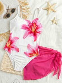 SHEIN 女童碎花吊带连体泳衣，带罩衫和裙子 - 玫紅色 - 查看 2