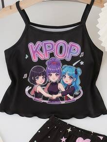 【3套隨機發送1套】女童夏季時尚涼爽K-Pop女團元素圖案定位印花細肩帶上衣＋女團元素圖案滿版印花荷葉邊短褲，針織面料，舒適柔軟2件套家居服/睡衣，適合居家與外出，百搭 - 彩色 - 查看 4