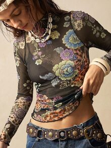 Bohemela Casual Vacation Knit Mesh Print Slim Fit Women's Top - Black - View 7