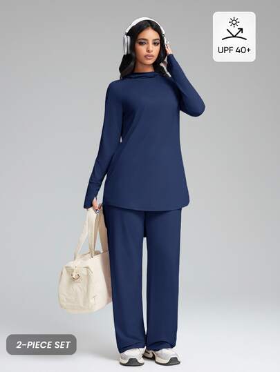 Innovista Women's  UPF 40+ Set Navy Blue 2PCS Loose Long Sleeve Hoodie Top + Wide-Leg Pants, Sun Protection, Moisture-Wicking, Thumbholes, Hi-Low Hem For Travel