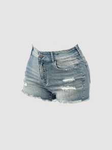 SHEIN 青少年女孩休閒水洗破洞牛仔短褲 - 淺色水洗藍 - 查看 1
