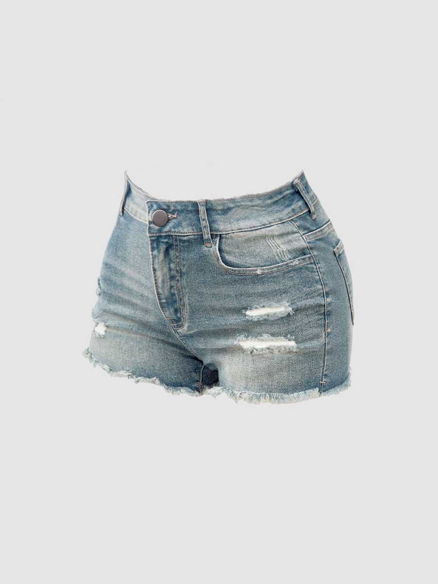 SHEIN 青少年女孩休閒水洗破洞牛仔短褲 - 淺色水洗藍 - 查看 1