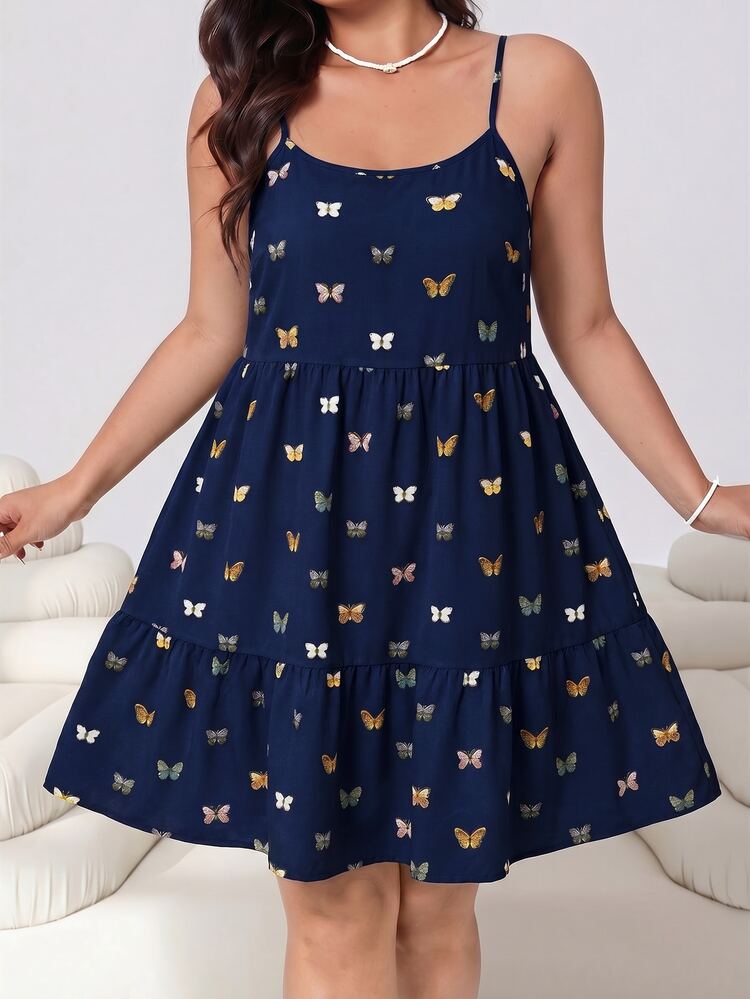 SHEIN EZwear Vestido casual de mujer talla grande con estampado de mariposa azul marino - Azul Marino - Añade 3