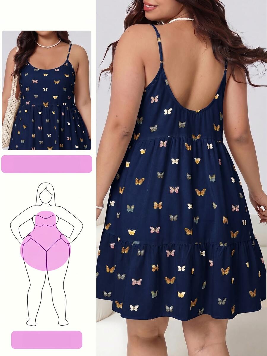 SHEIN EZwear Navy Blue Butterfly Print Casual Cute Plus Size Women's Dress Vacation Summer - Navy Blue - View 1