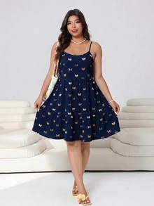 SHEIN EZwear Navy Blue Butterfly Print Casual Cute Plus Size Women's Dress Vacation Summer - Navy Blue - View 4