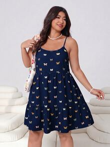 SHEIN EZwear Navy Blue Butterfly Print Casual Cute Plus Size Women's Dress Vacation Summer - Navy Blue - View 5