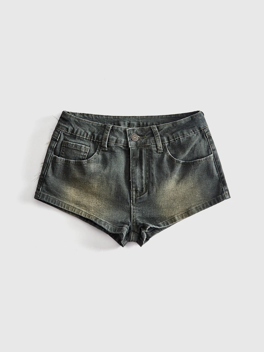 ROMWE Y2K Hot Girl Retro Washed Pocket Faux Fur Decor Low Waist Super Short Denim Shorts For Women - Army Green - View 1