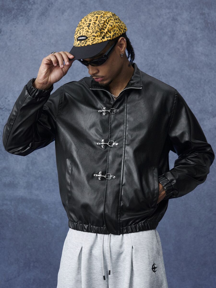 PAVTROS Men's Fashion Design Airplane Buckle PU Leather Black Jacket, Dark Style, Suitable For Daily Casual, Weekend Outings, Music Festivals, Parties And Other Social Occasions - Black - View 1