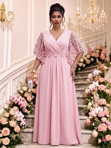 Fleurora Plus Size Women's V-Neck 3D Floral Decor Casual Elegant Party Dinner Evening Dress Wedding Dusty Pink Summer - Pink - View 5