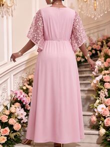 Fleurora Plus Size Women's V-Neck 3D Floral Decor Casual Elegant Party Dinner Evening Dress Wedding Dusty Pink Summer - Pink - View 2