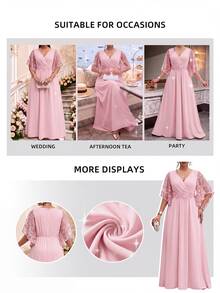 Fleurora Plus Size Women's V-Neck 3D Floral Decor Casual Elegant Party Dinner Evening Dress Wedding Dusty Pink Summer - Pink - View 6