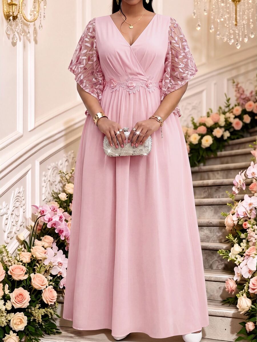 Fleurora Plus Size Women's V-Neck 3D Floral Decor Casual Elegant Party Dinner Evening Dress Wedding Dusty Pink Summer - Pink - View 1