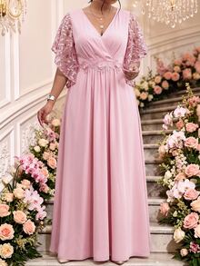 Fleurora Plus Size Women's V-Neck 3D Floral Decor Casual Elegant Party Dinner Evening Dress Wedding Dusty Pink Summer - Pink - View 3