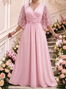 Fleurora Plus Size Women's V-Neck 3D Floral Decor Casual Elegant Party Dinner Evening Dress Wedding Dusty Pink Summer - Pink - View 4