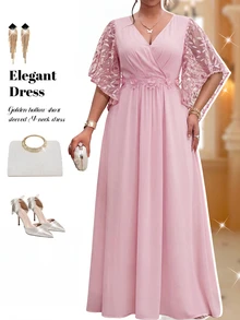 Fleurora Plus Size Women's V-Neck 3D Floral Decor Casual Elegant Party Dinner Evening Dress Wedding Dusty Pink Summer - Pink - View 7