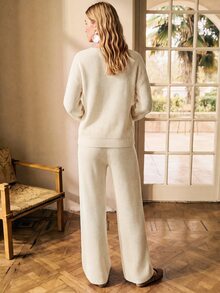 SHEIN French Vintage Style Loose V-Neck Long Sleeve Knit Lace Trim Apricot Women's Spring/Autumn Sweater 2-Piece Set - Apricot - View 2