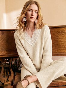 SHEIN French Vintage Style Loose V-Neck Long Sleeve Knit Lace Trim Apricot Women's Spring/Autumn Sweater 2-Piece Set - Apricot - View 3