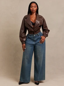 SHEIN SXY Brown PU Long Sleeve V-Neck Loose Cropped Jacket Winter - Chocolate Brown - View 4