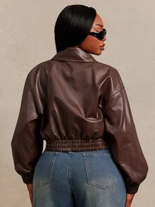 SHEIN SXY Brown PU Long Sleeve V-Neck Loose Cropped Jacket Winter - Chocolate Brown - View 2
