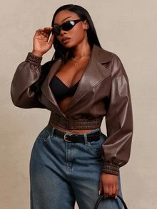 SHEIN SXY Brown PU Long Sleeve V-Neck Loose Cropped Jacket Winter - Chocolate Brown - View 1
