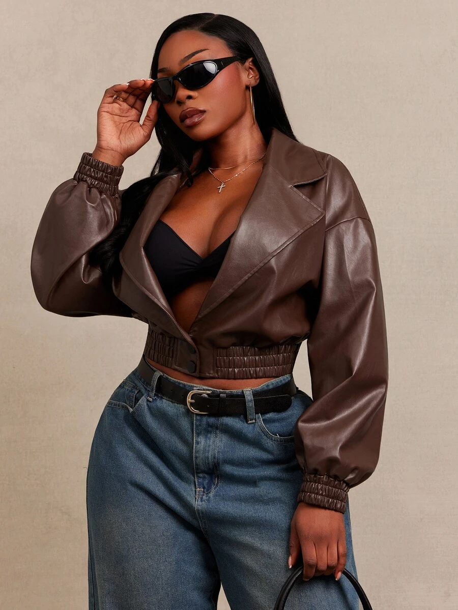 SHEIN SXY Brown PU Long Sleeve V-Neck Loose Cropped Jacket Winter - Chocolate Brown - View 1