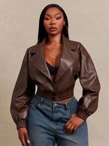 SHEIN SXY Brown PU Long Sleeve V-Neck Loose Cropped Jacket Winter - Chocolate Brown - View 3