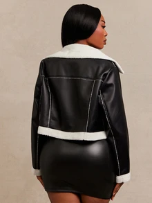 SHEIN SXY Black Faux Fur & PU Leather Short Long Sleeve Jacket Winter - Black and White - View 2