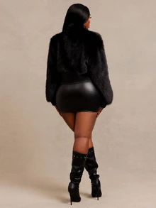Radiana Plus Size Women's Solid Color Zipper Front Casual Faux Fur Jacket - Black - View 5
