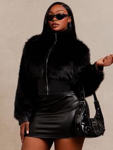 Radiana Plus Size Women's Solid Color Zipper Front Casual Faux Fur Jacket - Black - View 1