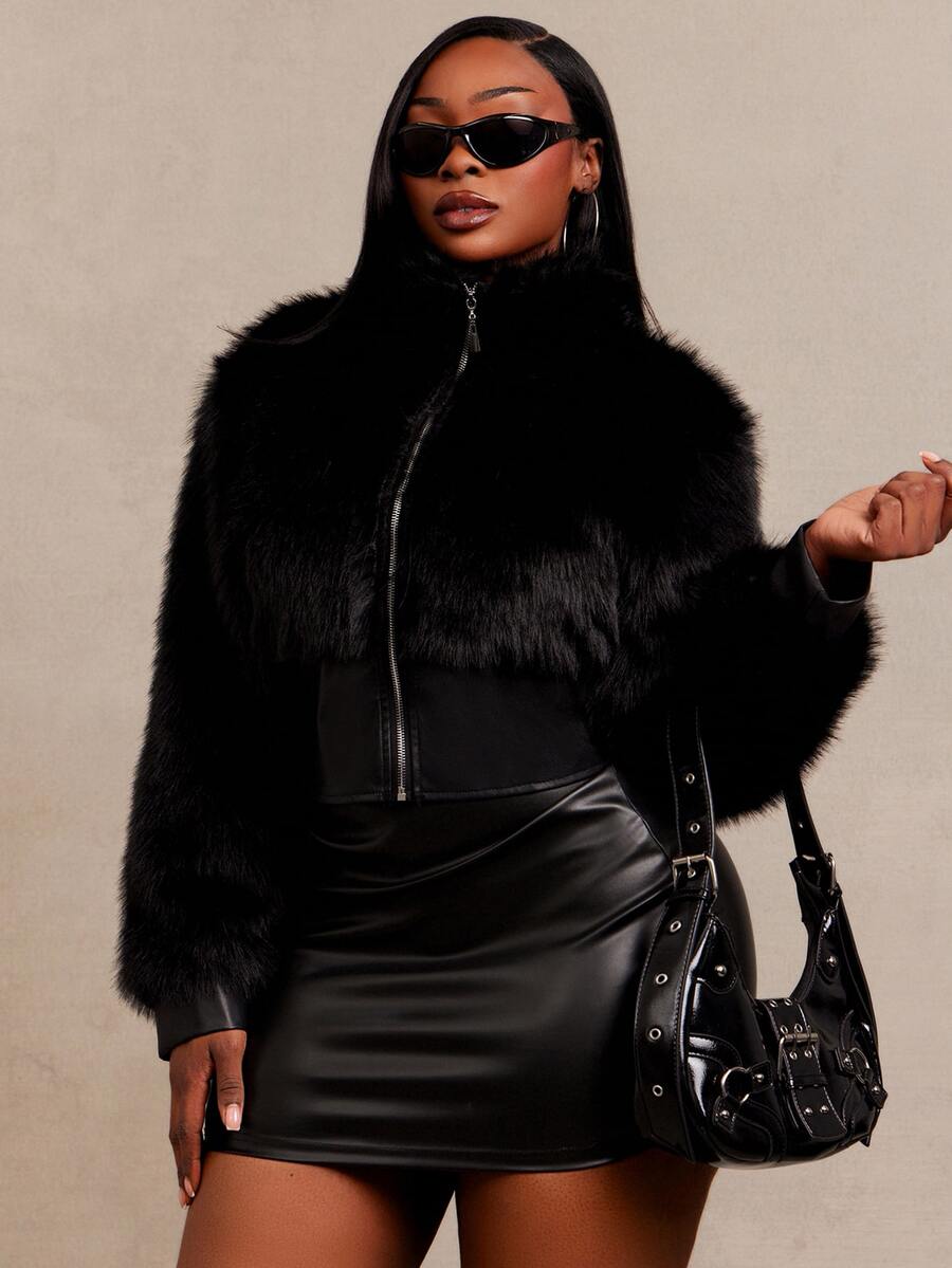 Radiana Plus Size Women's Solid Color Zipper Front Casual Faux Fur Jacket - Black - View 1