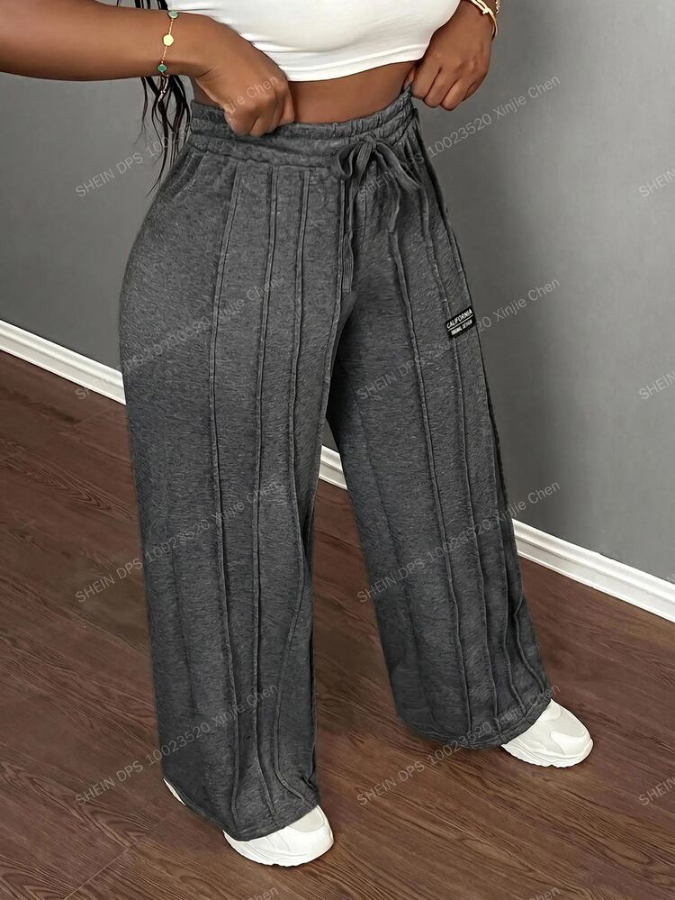 Slaydiva Women Vertical Stripe Wide Leg Sweatpants High Waist Drawstring Loose Casual Baggy Dark Grey Pants Y2K Jogger Trousers Lounge Everyday Work Winter - Dark Grey - View 4