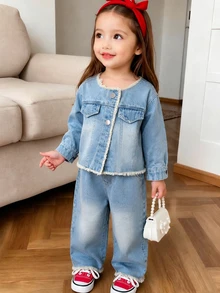 SHEIN 女嬰 2 件套：新款秋冬丹寧夾克與直筒寬腿牛仔褲 - 淺藍色 - 查看 3