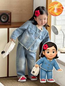 SHEIN 女嬰 2 件套：新款秋冬丹寧夾克與直筒寬腿牛仔褲 - 淺藍色 - 查看 1