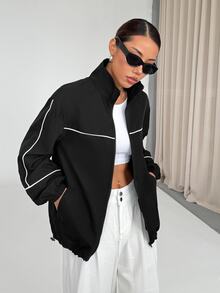 StreetHx Zip-Up White Sports Jacket With Stripe Trim Decor - Black - View 1