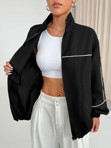 StreetHx Zip-Up White Sports Jacket With Stripe Trim Decor - Black - View 4