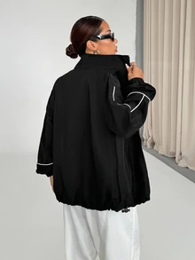 StreetHx Zip-Up White Sports Jacket With Stripe Trim Decor - Black - View 2