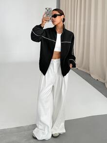 StreetHx Zip-Up White Sports Jacket With Stripe Trim Decor - Black - View 6