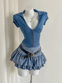 SHEIN 针织牛仔短袖纽扣紧身衣 - 藍色 - 查看 8