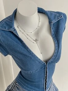 SHEIN 针织牛仔短袖纽扣紧身衣 - 藍色 - 查看 2