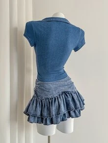 SHEIN 针织牛仔短袖纽扣紧身衣 - 藍色 - 查看 3